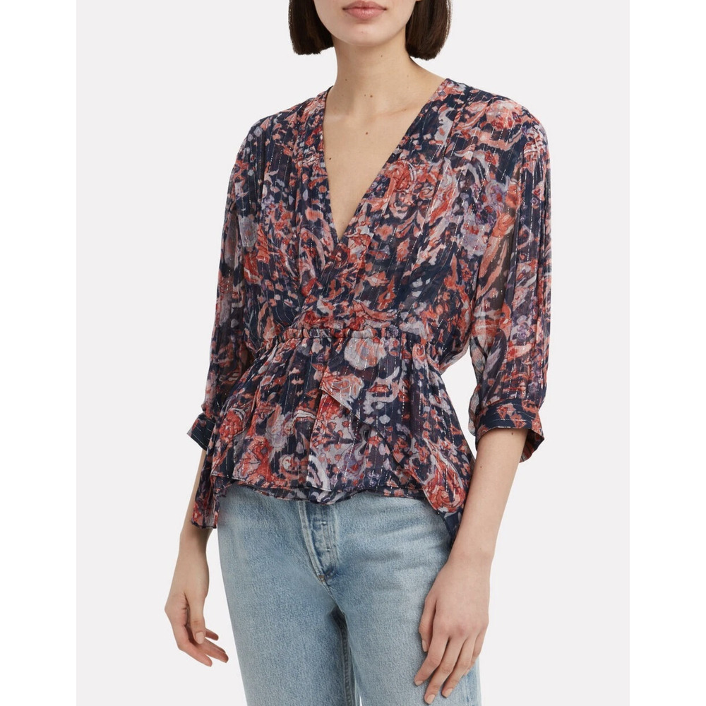 New Iro Saola Metallic Wrap Effect Peplum Top Blouse Size 40 Blue Paisley Nwot